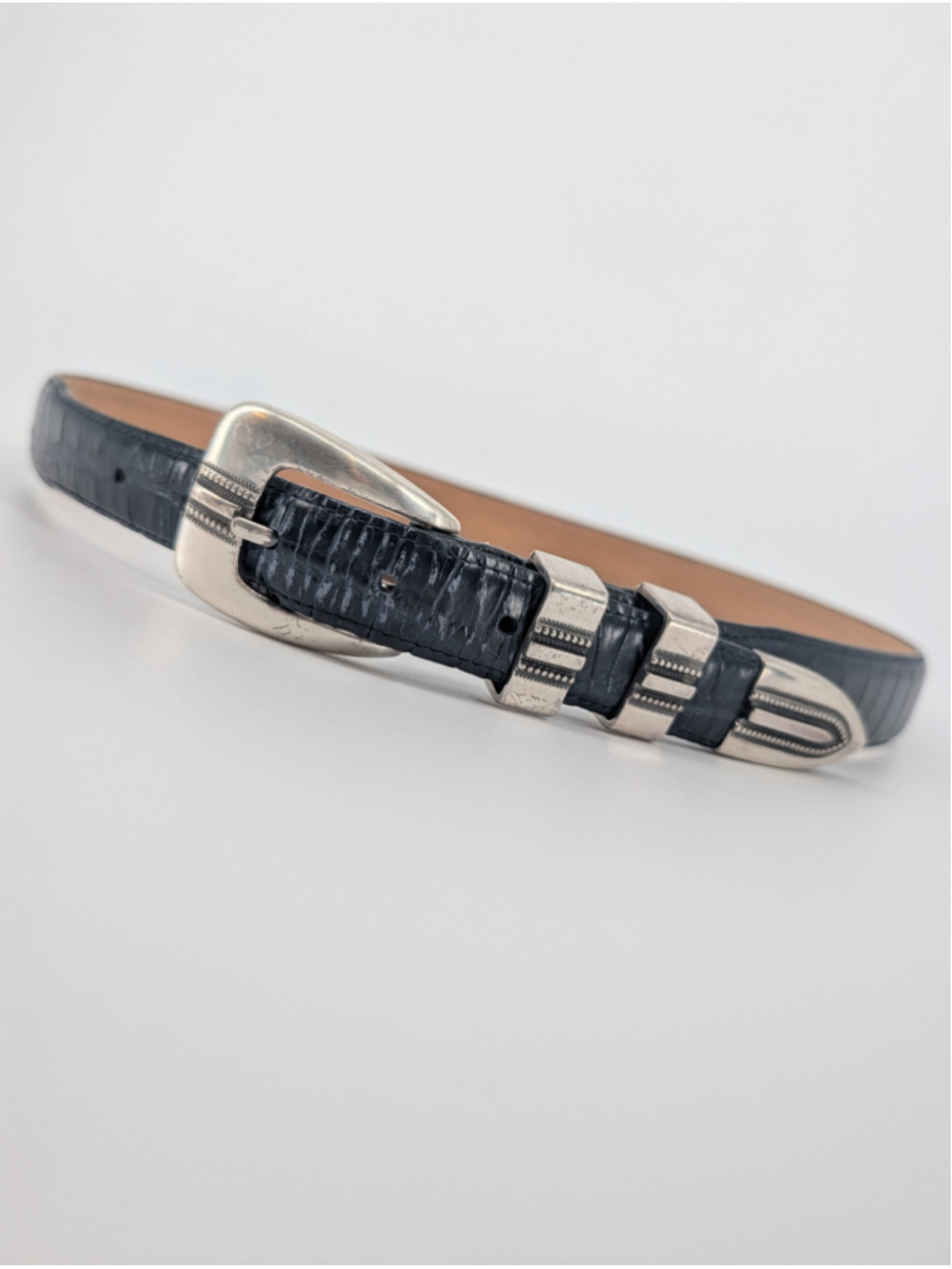 Belt Master Black Croc Embossed Leather Belt 36 Silver Western Buckle Heritage